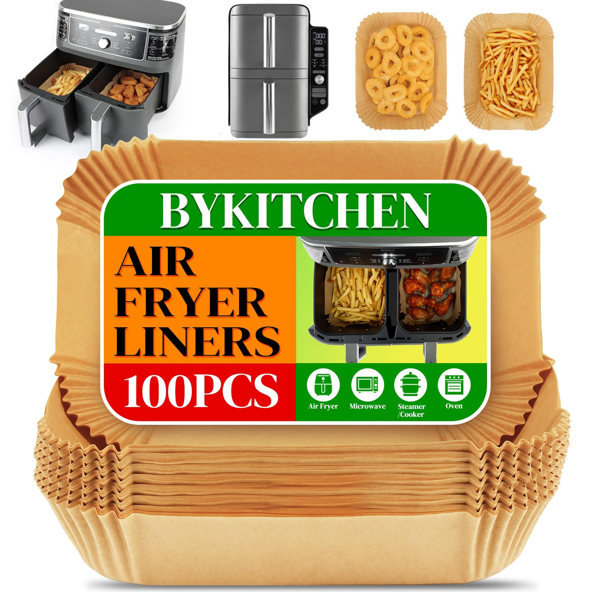 Disposable Air Fryer Liners for Ninja Dual 7.6L/9.5L, 100 Count | Rectangular Parchment Paper Air Fryer Accessories for Ninja AF300UK/AF400UK/SL400UK, Fits Keplin, Tower and Dual Zone Fryers