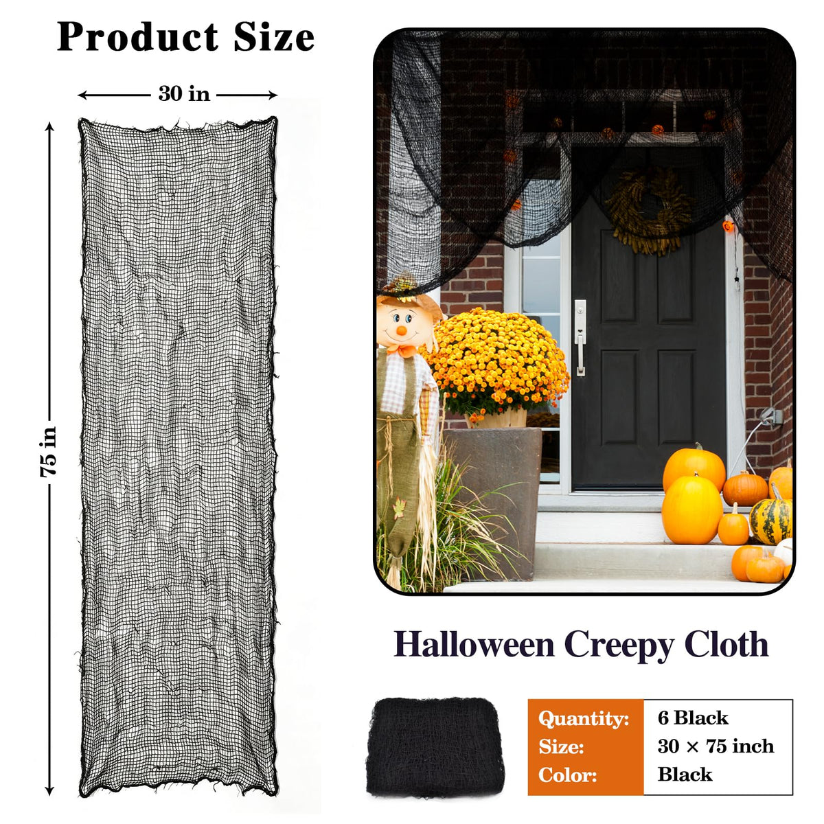 ZeeDix 6 Pack Black Halloween Creepy Cloth 30 × 75 Inch - Halloween Cheesecloth Decoration Spooky Scary Gauze Black Cheese Cloth for Party Supplies Outdoor Yard Home Wall Doorway