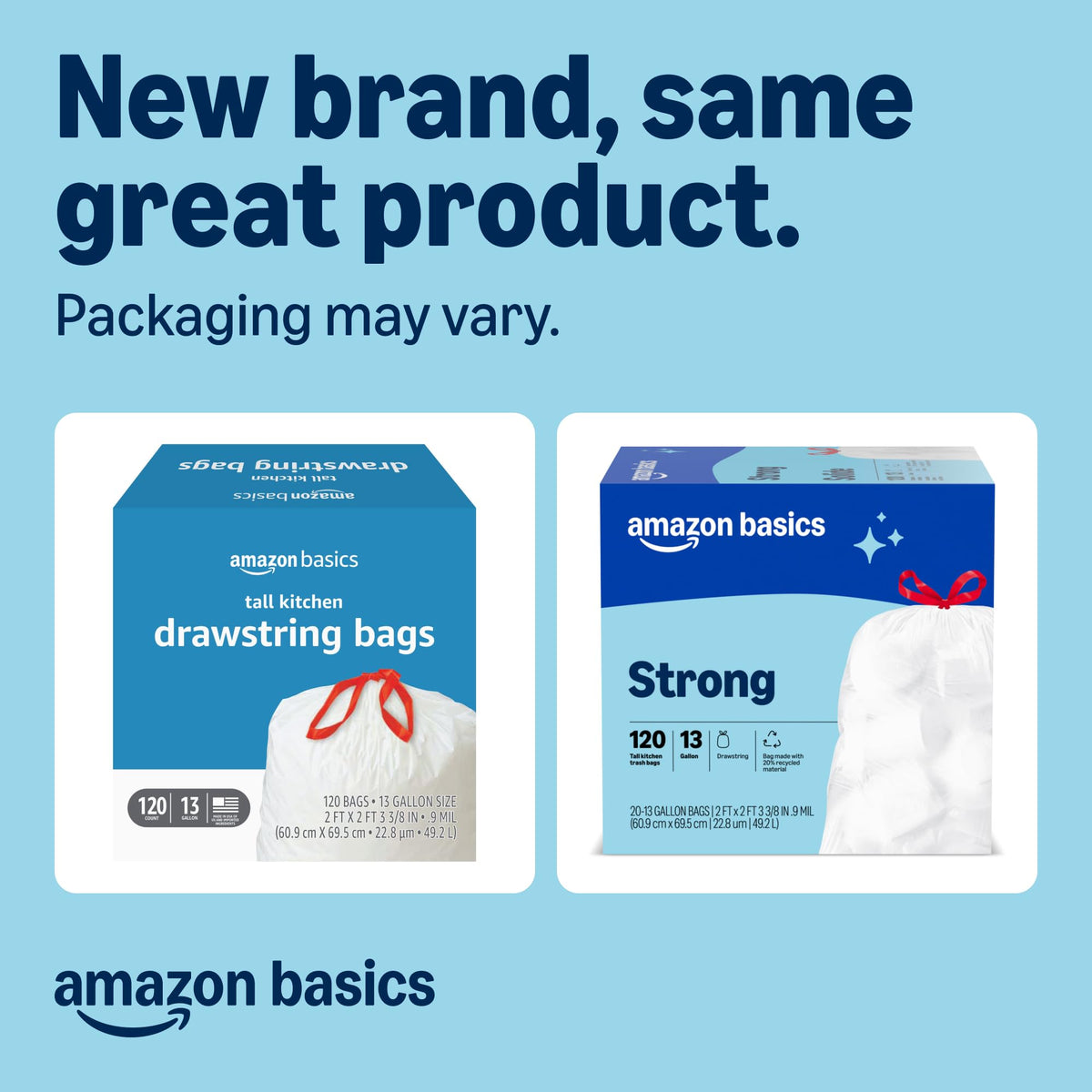 Amazon Basics Trash Bags, Tall Kitchen Drawstring, Unscented, 13 Gallon, 120 Count, Pack of 1, Packaging May Vary
