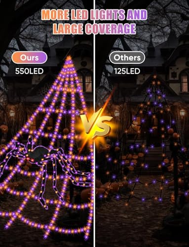 Spider Webs Halloween Decorations Lights - 550 LEDs Outdoor Giant Halloween Decor Lights with16.4ft,4ft Spider,8 Modes,Waterproof&Timer for Yard Porch Garden,Outside Party (with Spider)