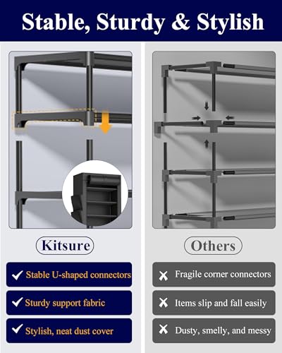 Kitsure 10-Tier Shoe Rack with Cover, Vertical Shelf, 17.5" Wide, Black | Space Saving Shoe Storage with Side Pocket, Shoe Organizer for Closet, Entryway, Bedroom, Zapateras Cabinet