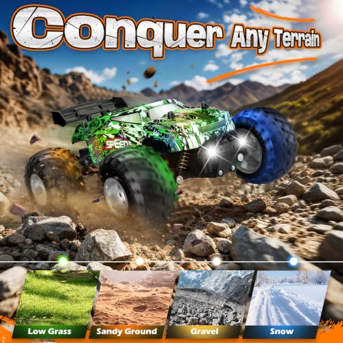 Remote Control Car All-Terrain 1:18 Rc Car with LED Lights 2 Batteries | 2WD Rc Truck, 50Min Play, 2.4GHz, 20KM/H Sturdy Off Road Remote Control Truck Toys for Boys Girls, Christmas Birthday Gift