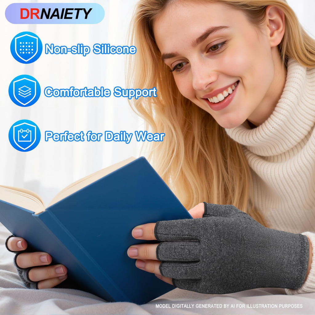 DRNAIETY 2-Pair Arthritis Compression Gloves for Hand Arthritis, Fingerless | for Carpal Tunnel Pain, RSI, Rheumatoid Arthritis | Anti-Slip, Breathable Gloves for Men & Women, Typing, Daily Use (M, Gray)