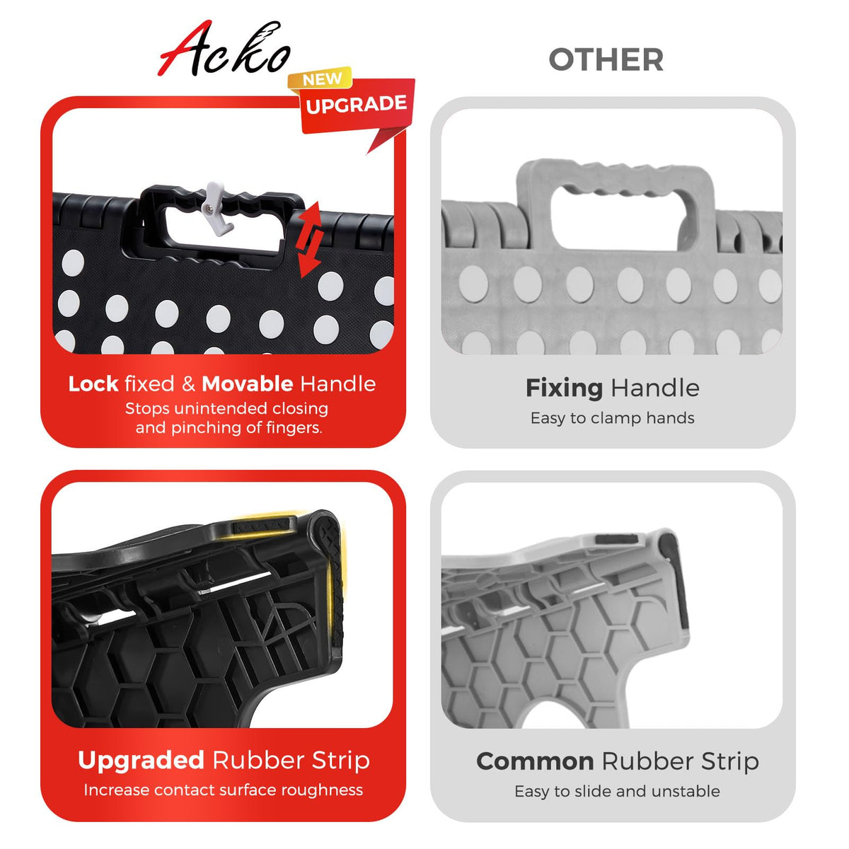 ACKO 16 Inch Folding Step Stool with Safety Lock, Holds 400 lbs, Black | Portable Foldable Stools with Handle, Heavy Duty Collapsible Non-Slip Foot Stool for Adults & Kids, Kitchen Bathroom Outdoor