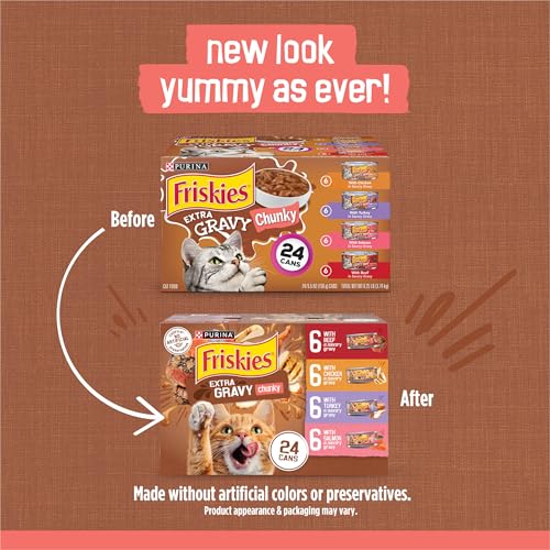 Purina Friskies Extra Gravy Wet Cat Food Chunky Variety, (24) 5.5 oz. Cans | Variety Pack With Chicken, Turkey, Salmon, & Beef cat food in savory gravy, for tender, tasty meals