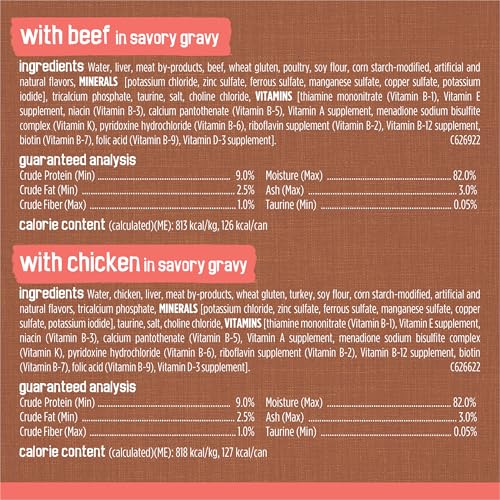 Purina Friskies Extra Gravy Wet Cat Food Chunky Variety, (24) 5.5 oz. Cans | Variety Pack With Chicken, Turkey, Salmon, & Beef cat food in savory gravy, for tender, tasty meals
