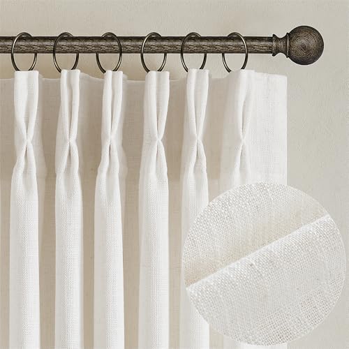 TWODRAPES Natural Pinch Pleated Linen Semi Sheer 84 Inch Curtains 2 Panels | Pinch Pleat Hooks Rings, Back Tab, Cream Ivory Birch, Boho Neutral, Textured Linen, Window Curtain for Living Room Bedroom