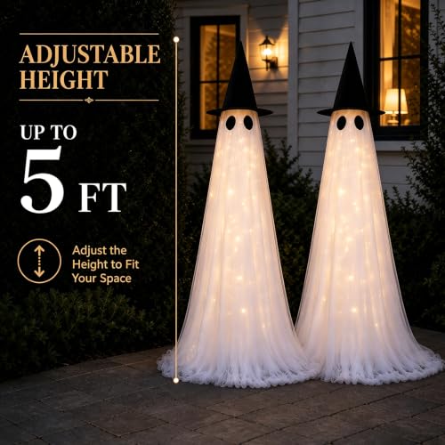 2 Pack 5 Ft Large Light Up Ghost Decor - Halloween Decorations Outdoor | Double-layered fabric, water bags and stakes, 8 light modes with timer, battery or USB power for porch and lawn