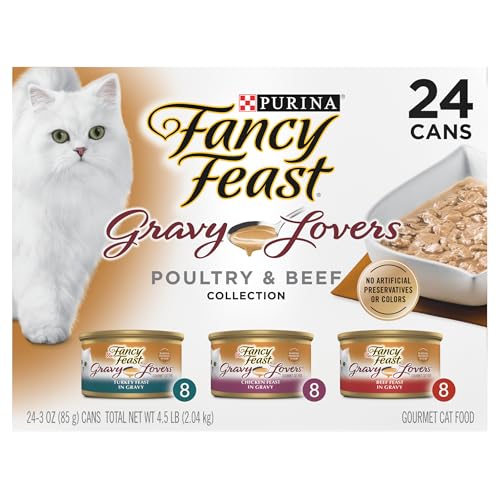 Purina Fancy Feast Gravy Lovers, Poultry & Beef Wet Cat Food, 3oz, 24-Pack | Variety Pack, grilled gourmet texture made with no artificial colors or preservatives, 100 percent complete and balanced