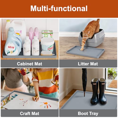 19" x 12" Extra Thick Silicone Mat Waterproof with Raised Edge, Gray | BPA-Free Non-Slip Multi-Purpose Mat for Dog & Cat Feeding, Under Sink Storage & Protection