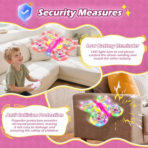 FUNPX Girls LED RC Drone, Christmas Birthday Gift for Girls Aged 6+ with Remote Batteries, 360° Flips, 3 Speed Modes, 45 Min Flight Indoor and Outdoor Flying Toy - Rose Red Yellow