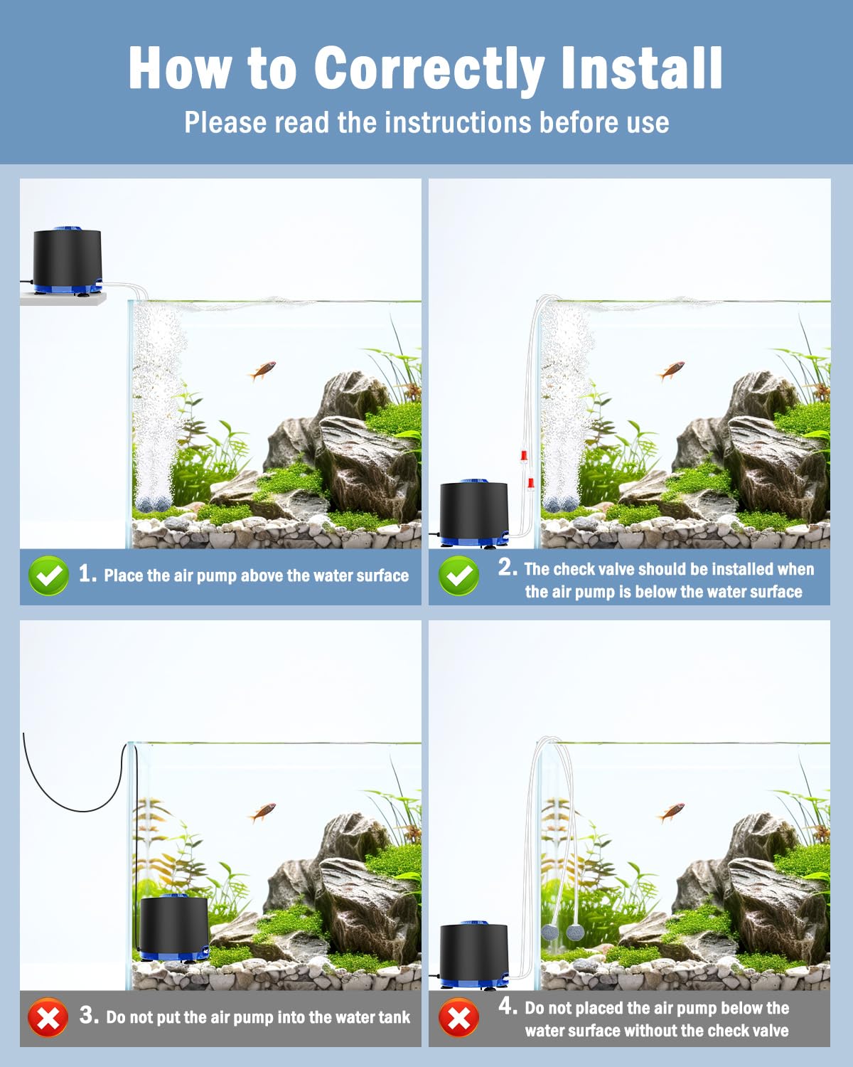 AQQA Aquarium Air Pump, 3W Powerful Dual Outlet Adjustable Oxygen Aerator