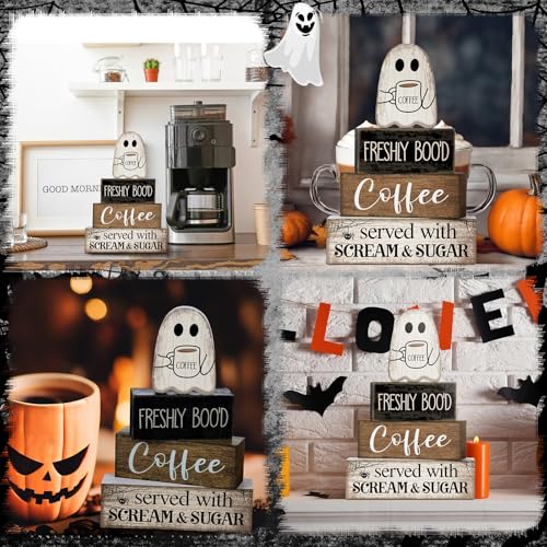 Lineshading 4 Pcs Halloween Coffee Table Decor Wooden Ghost Coffee Bar Sign | Stackable Blocks Bar Farmhouse Rustic Ghost Tiered Tray Decor Festive Boo Wooden Signs Home Office Kitchen Shelf