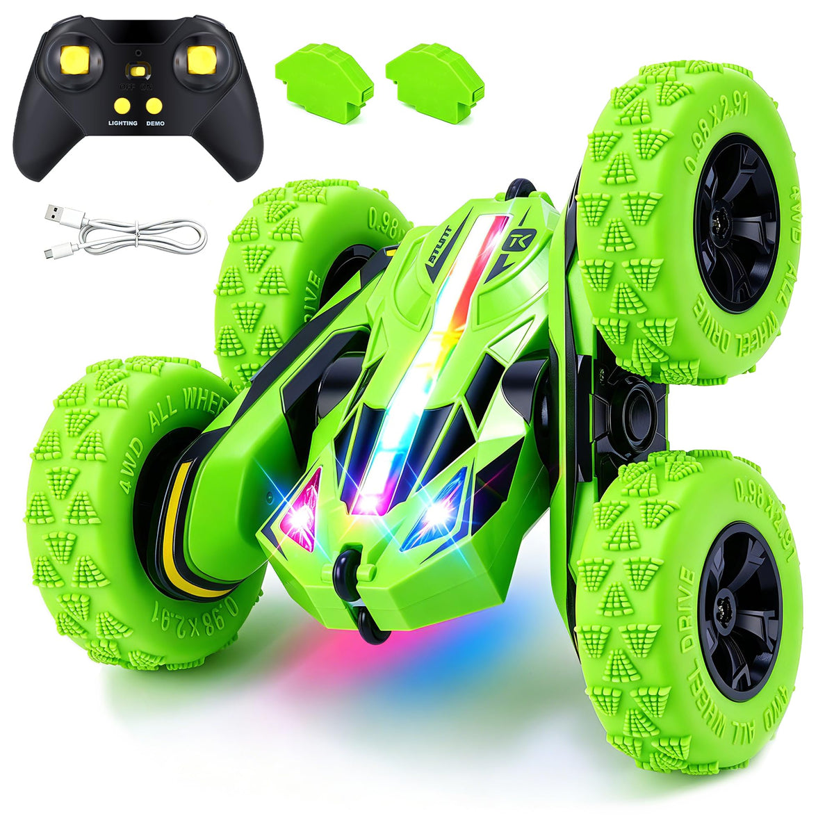 Threeking Remote Control Car Rc Flip Stunt Cars Toys Gifts for Kids Ages 6+ | Upgraded USB-C Modular Batteries 4WD Unique AUTO DEMO RGB Eye-Friendly Lights 360° Flips Double Sided Driving Stunt Car
