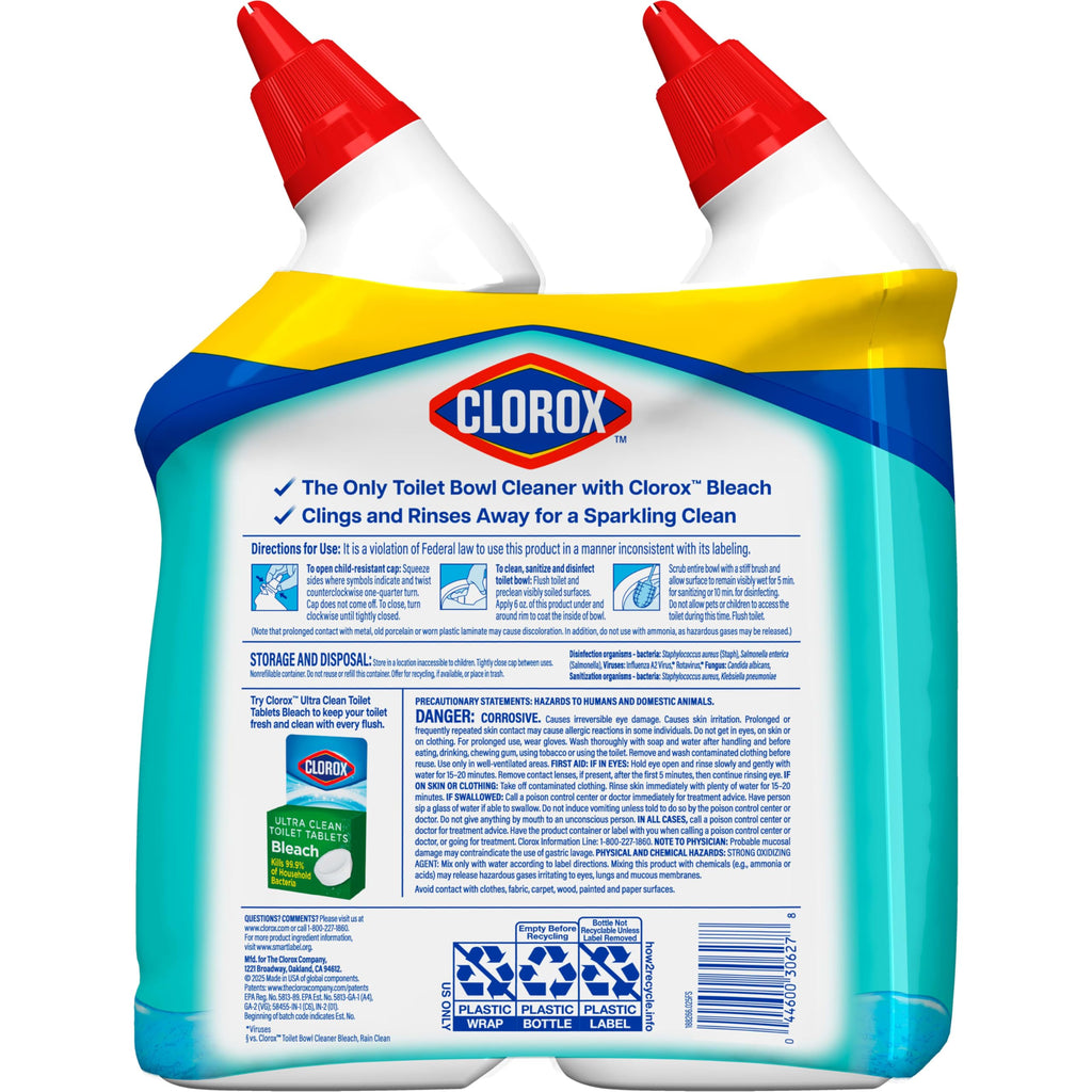 Clorox Toilet Bowl Cleaner Clinging Bleach Gel, Kills 99.9% of Bacteria and Viruses, Ocean Mist, 24 Fl Oz, Pack of 2