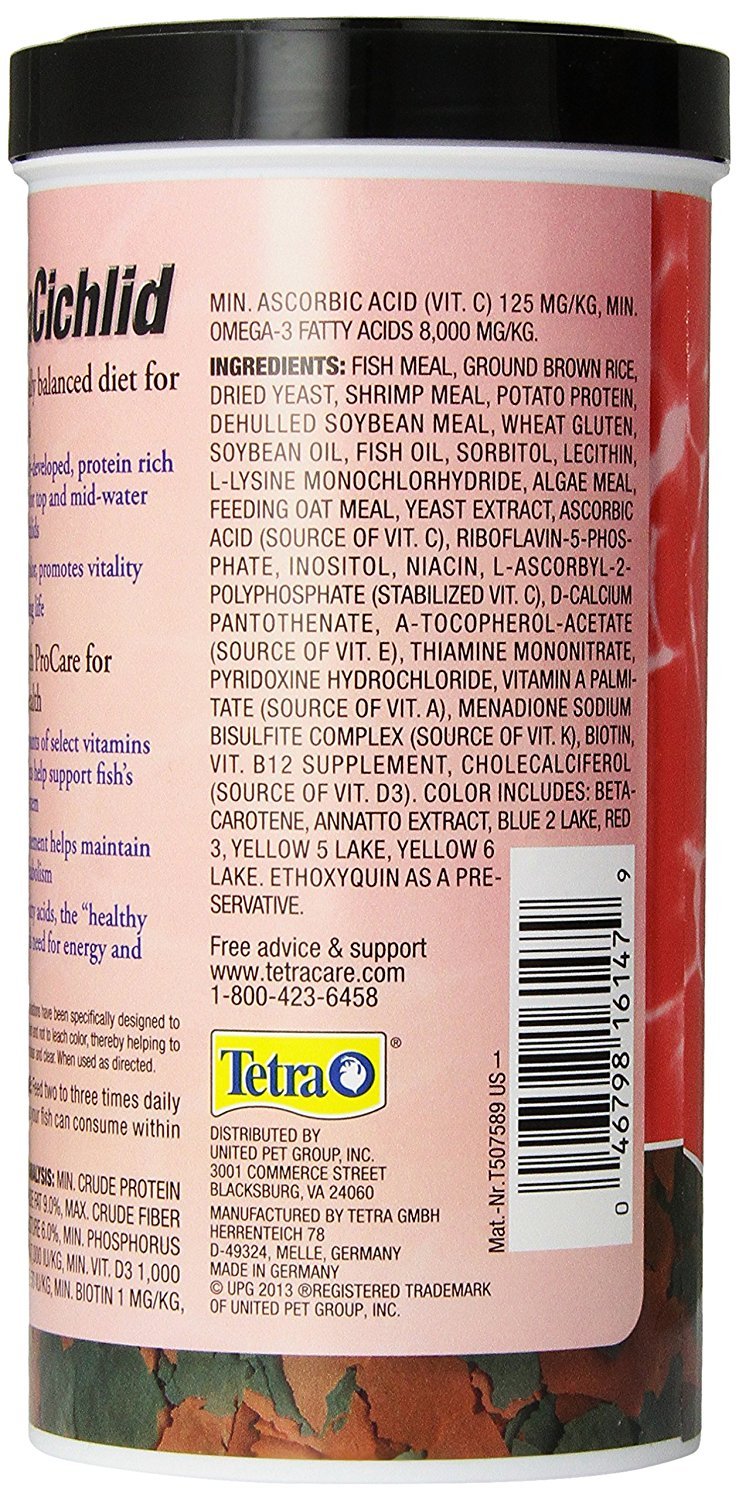 Tetra Tetra Cichlid Large Flake Food 5.65oz | Daily Diet For Top & Mid-Water Cichlids, Protein-Rich Flakes Promote Optimal Health, Clear Water Formula Does Not Cloud Water