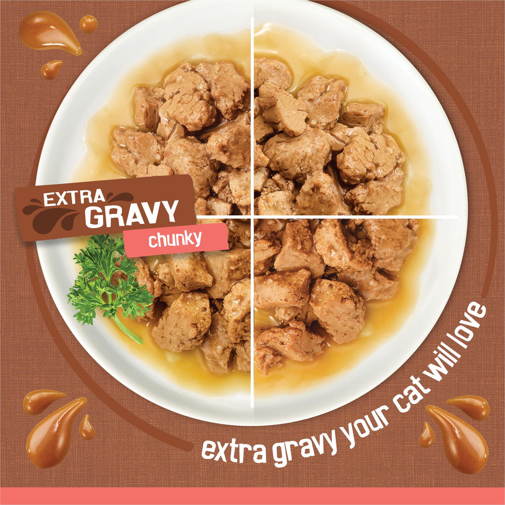 Purina Friskies Extra Gravy Wet Cat Food Chunky Variety, (24) 5.5 oz. Cans | Variety Pack With Chicken, Turkey, Salmon, & Beef cat food in savory gravy, for tender, tasty meals
