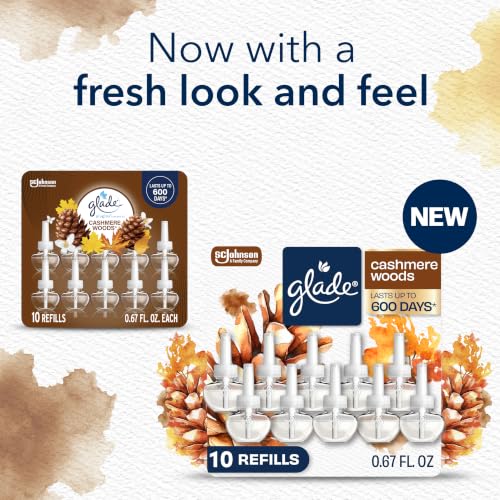 Glade PlugIns Air Freshener Refills, Cashmere Woods, 10 Count | 0.67 fl oz Each, Includes 10 Refills, Scented and Essential Oils for Home and Bathroom Use, Fits Glade PlugIn Warmer