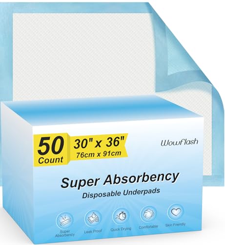 50 Count 30” x 36” Super Absorbency Disposable Underpads | Leakproof Quick Drying, Baby Puppy & Adults Bed Pads Disposable Adults, Dog Pee Pads Extra Large, XXL Incontinence Pads