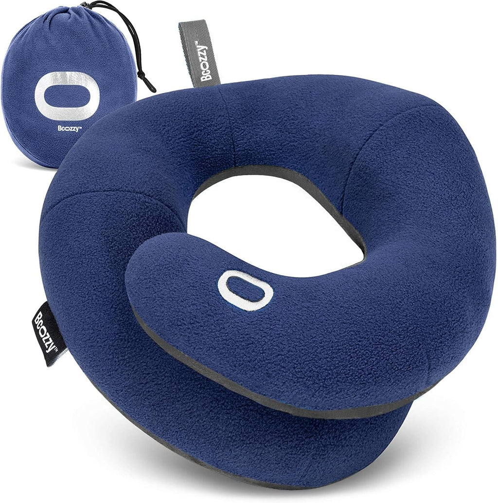 BCOZZY Travel Neck Pillow for Airplane, Head & Chin Support, Large Navy | Rest comfortably on flights and road trips. Arrive refreshed. Soft, adjustable, washable and lightweight, with a carry bag.