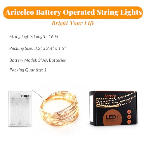 Ariceleo Led Fairy Lights Battery Operated, 1 Pack Mini Battery Powered Copper Wire Starry Fairy Lights for Bedroom, Christmas, Parties, Wedding, Centerpiece, Decoration (5m/16ft Warm White)