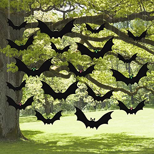 (18 Pcs) Hanging Bats Halloween Decoration Outside, Large Flying Plastic Bats Outdoor Decor, 3 Different Sizes with Cute Eye Stickers for Hanging in The Tree, Porch, Yard, Lawn, Indoor