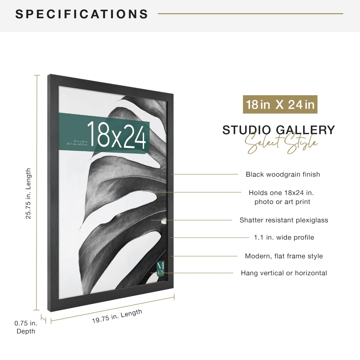 MCS Studio Gallery Poster Frame, 18x24, Black Woodgrain, 1-Pack | Studio Gallery Poster Frame For Photos & Art Prints, 18x24 Inch, Black Woodgrain Engineered Wood, 1-Pack