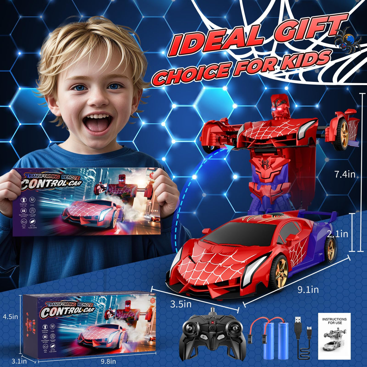 Spider Transform RC Cars Toys with Eye & Underbody Lights, 2.4GHz Remote Control Car One-Button Deformation, Fast 360°Rotation Robot Toys Birthday Gifts for 3 4 5 6 7 8 9 10 Year Old Boys Age 4-7 8-12