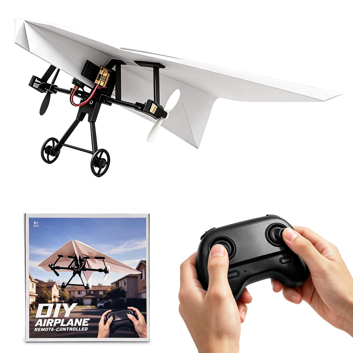Virellia 1-Pcs DIY RC Paper Airplane Kit for Hobbyists, Pilots & Beginners | DIY Remote Control Airplane Kit for Kids Adults, Easy to Fly with Gyro Stabilizer, Dual Propellers, Lightweight, Foldable