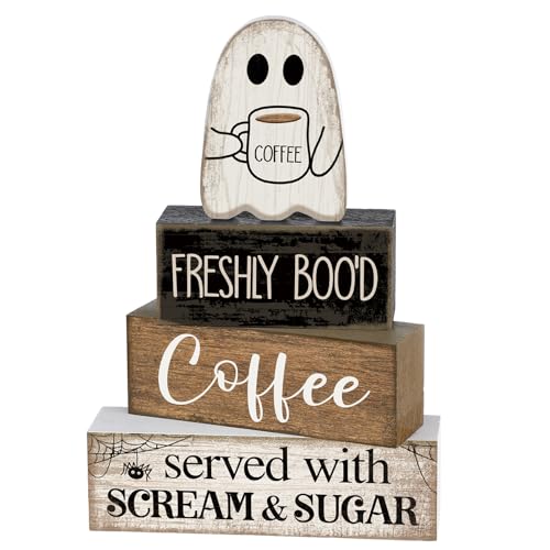 Lineshading 4 Pcs Halloween Coffee Table Decor Wooden Ghost Coffee Bar Sign | Stackable Blocks Bar Farmhouse Rustic Ghost Tiered Tray Decor Festive Boo Wooden Signs Home Office Kitchen Shelf