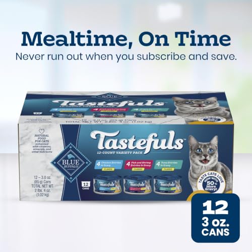 Blue Buffalo Tastefuls Variety Pack Wet Cat Food, 3 oz, 12 ct | Tuna, Chicken & Fish and Shrimp Entrées in Gravy (4 of Each), No Corn, Wheat, or Soy