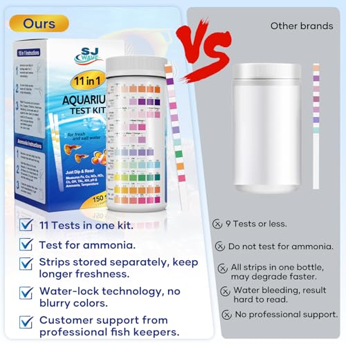 11 in 1 - Aquarium Test Strips | 950 Tests - 150 Strips | Fish Tank Aquariums Water Test Kit & ebook | Aquarium Thermometer | Fish Tank Water Testing Kit Includes 50 Ammonia Strips | Versatile Usage