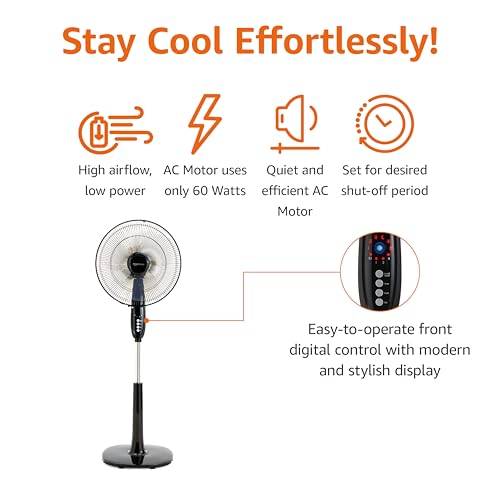 Amazon Basics 16" Pedestal Fan with Remote for Bedroom, Living Room, Office, Adjustable Height, Dual-Layered Blades, 3 Speeds, 3 Modes, Timer, Tilt Head, 60W, Black