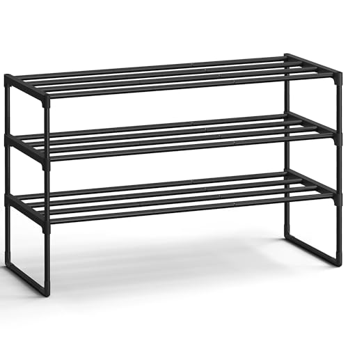 SONGMICS Shoe Rack, 3-Tier Shoe Organizer, Metal Storage Shelf | for Entryway, Upright or Upside Down, for 16-20 Pairs, Stackable, 11.8 x 36.2 x 21.7 Inches, Black ULSA303B02