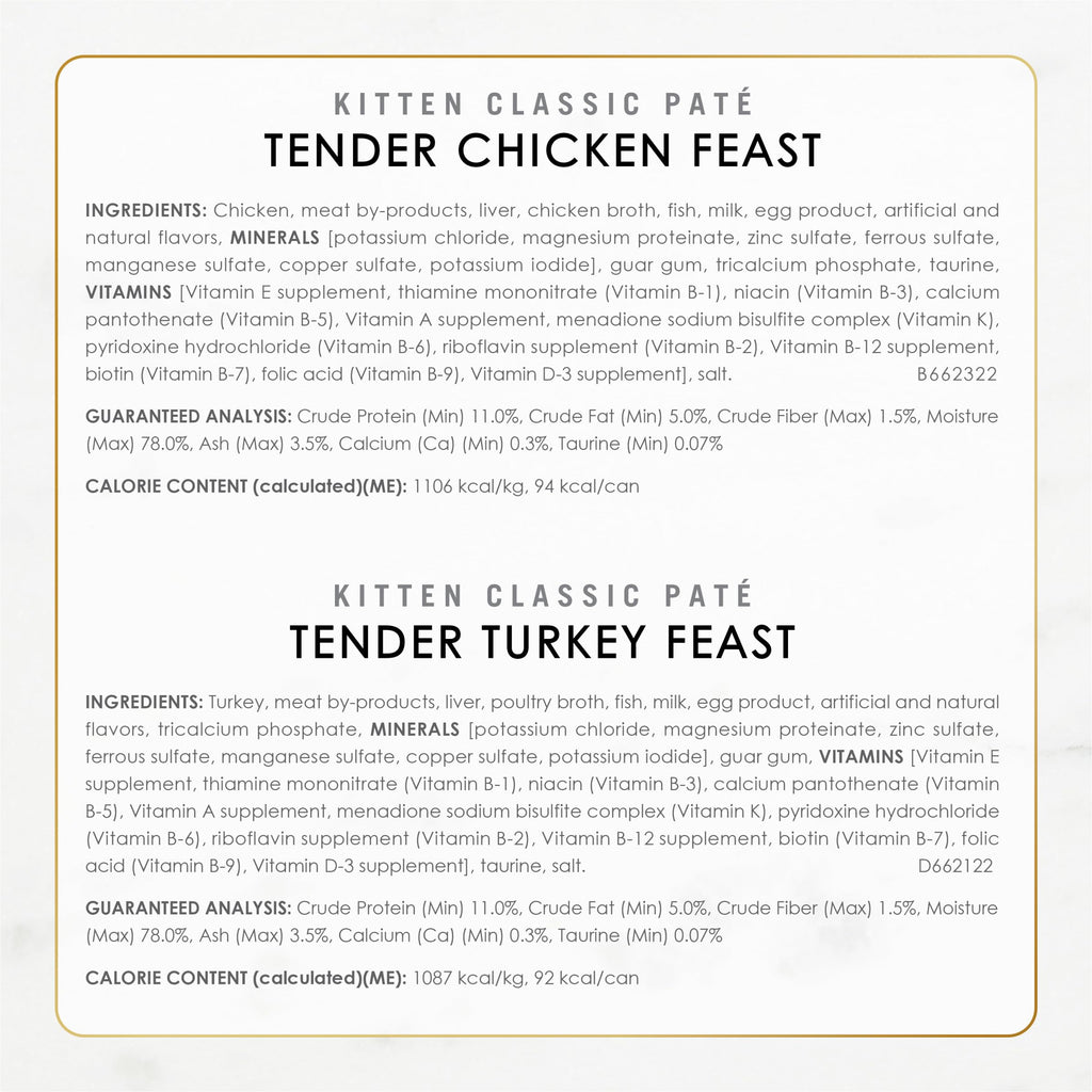 Purina Fancy Feast Wet Kitten Food Variety Pack, 3 oz cans, 24-Pack | Oceanfish, Turkey, Chicken or Salmon Recipes with no artificial colors or preservatives. 100 percent complete and balanced