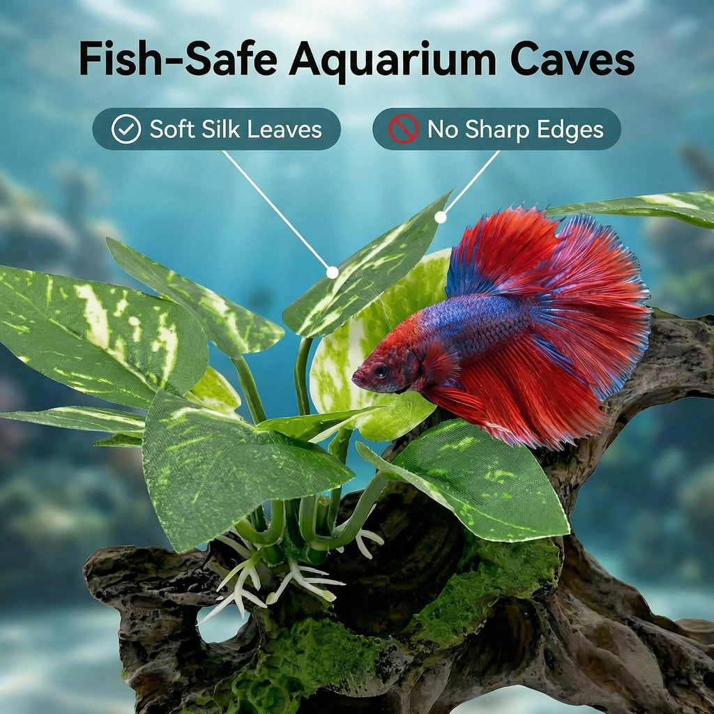 Aquarium Decorations Cave Silk Aquarium Plants Betta Fish Tank Decor | Soft & Safe Fish Tank Accessories, Aquarium Decor Plants for Beta Goldfish Bowl Decor, Artificial Driftwood Fish Cave