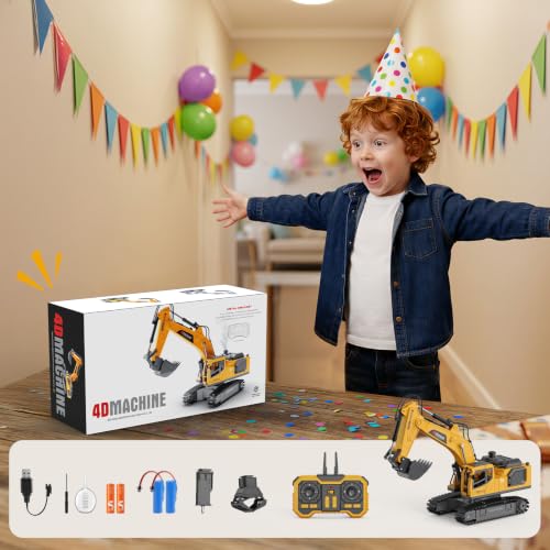 Noizka Remote Control Excavator Toy for Boys, 3-in-1 RC Excavator with Alloy Bucket, Breaker & Grapple, Construction Vehicle Toys with Lights & Sounds, 2×1200mAh Batteries, Birthday Gift for Kids 8-12