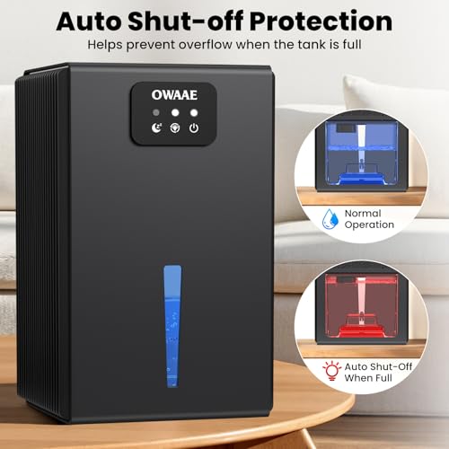 OWAAE Dehumidifier for Home with Auto Shutoff Sleep Mode, 1000 Sq Ft | Quiet for Bedroom Basement Bathroom with Portable 95oz Water Tank, Auto Shutoff, 7-color LED light, Grey