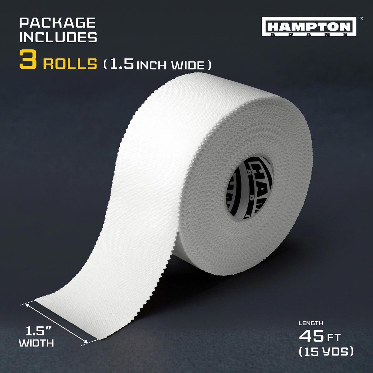 Hampton Adams Athletic Sports Tape, Very Strong, Easy Tear, No Residue | 1.5 inch Zinc oxide tape, 45 ft Rolls, 3 Pack, Strong Hold for Fingers Ankles & Wrists, Tears by Hand, No Sticky Residue