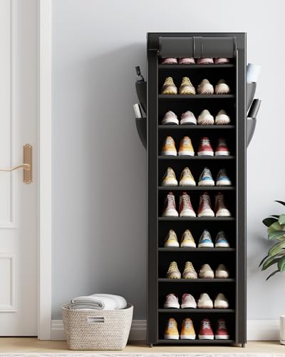 Kitsure 10-Tier Shoe Rack with Cover, Vertical Shelf, 17.5" Wide, Black | Space Saving Shoe Storage with Side Pocket, Shoe Organizer for Closet, Entryway, Bedroom, Zapateras Cabinet