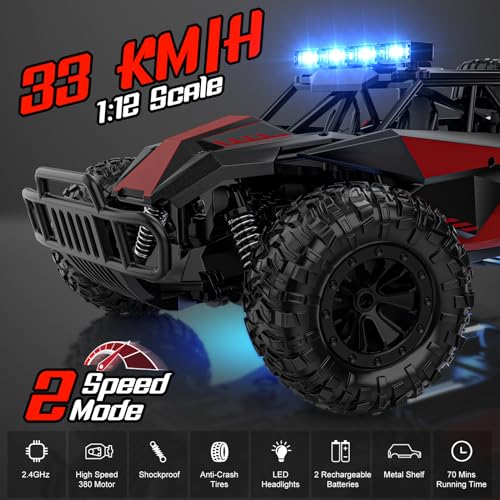 BLUEJAY Remote Control Car, 2.4GHz High Speed 33KM/H RC Cars Toys | 1:12 Monster RC Truck Off Road with LED Headlight and Rechargeable Battery Gifts for Adults Boys 8-12