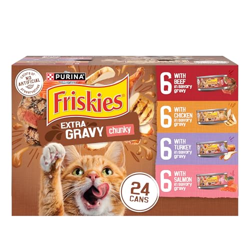 Purina Friskies Extra Gravy Wet Cat Food Chunky Variety, (24) 5.5 oz. Cans | Variety Pack With Chicken, Turkey, Salmon, & Beef cat food in savory gravy, for tender, tasty meals