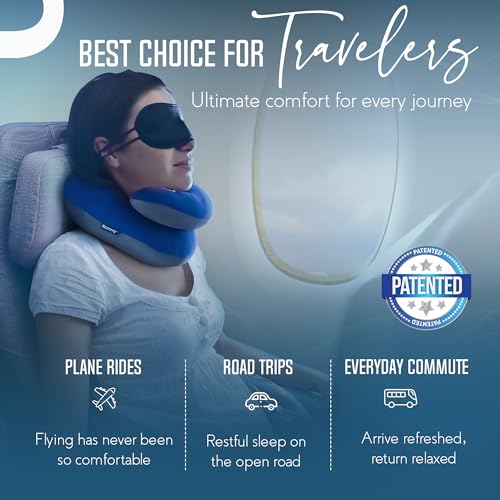 BCOZZY Travel Neck Pillow for Airplane, Head & Chin Support, Large Navy | Rest comfortably on flights and road trips. Arrive refreshed. Soft, adjustable, washable and lightweight, with a carry bag.