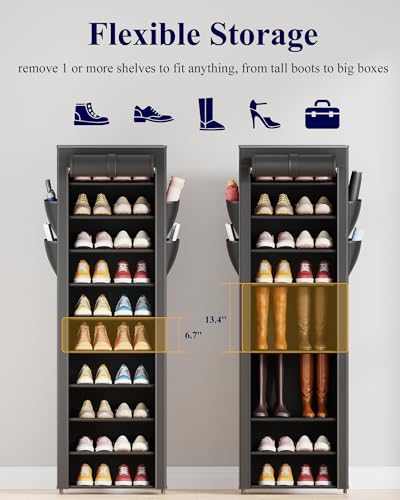 Kitsure 10-Tier Shoe Rack with Cover, Vertical Shelf, 17.5" Wide, Black | Space Saving Shoe Storage with Side Pocket, Shoe Organizer for Closet, Entryway, Bedroom, Zapateras Cabinet