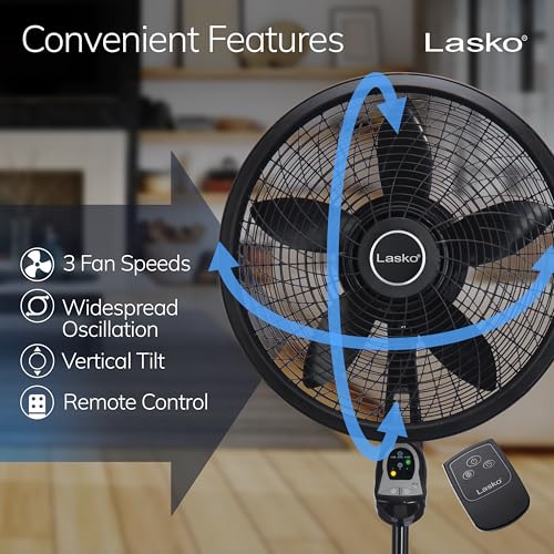 Lasko Cyclone Oscillating Pedestal Fan - Adjustable to 54" - 1843 - Black | Remote Control, Cooling Standing Fan for Bedroom, Living Room, and Home Office, 18" Blade Diameter, 3 Quiet Speeds
