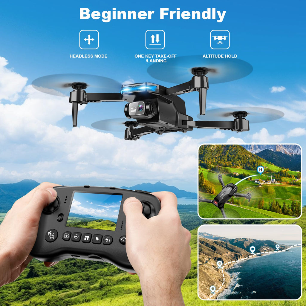 Drone with Camera, Screen on Controller Remote Control Quadcopter FPV Drone | Drone with Built-in Screen Controller for Beginners, Foldable, Gesture Control, 3D Flip, One-Key Start, and Emergency Stop