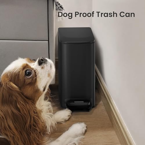 Cesun Small Bathroom Trash Can with Lid, 1.6 Gal, Soft Close, Matte Black | Step pedal soft close, Slim 5.9in fits narrow spaces, Stainless steel, Anti-fingerprint, Removable inner bucket, Odor seal