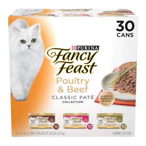 Purina Fancy Feast Classic Pate Wet Cat Food, 3 oz Cans, 30-Pack | Variety Pack, grain free recipes crafted with poultry and beef, made with no artificial colors or preservatives