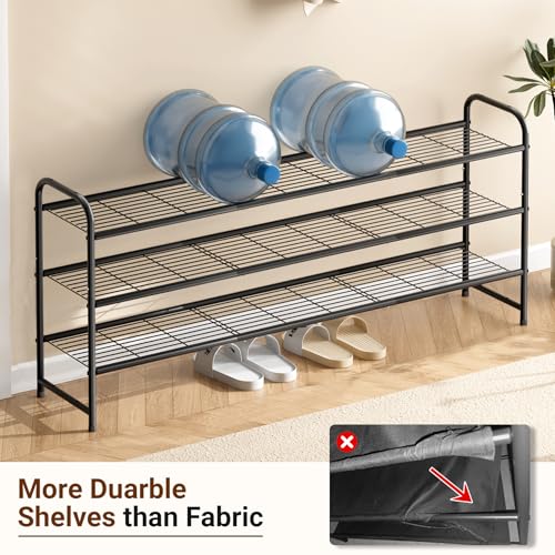 KEETDY 3-Tier Long Shoe Rack for Closet Metal Shoe Organizer for Entryway, Wide Stackable Shoe Storage Shelf with Sturdy Wire Grid for Closet Floor, Bedroom, Black