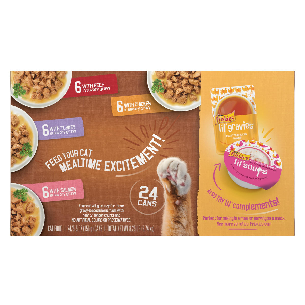 Purina Friskies Extra Gravy Wet Cat Food Chunky Variety, (24) 5.5 oz. Cans | Variety Pack With Chicken, Turkey, Salmon, & Beef cat food in savory gravy, for tender, tasty meals